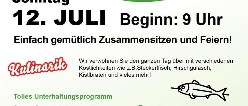 Werbung für die 'Frühschopppen'-Veranstaltung am 12. Juli, Beginn 9 Uhr. Bietet verschiedene Speisen und Unterhaltung wie Ponyreiten und Hüpfburgen. Beinhaltet auch ein Kinderprogramm.