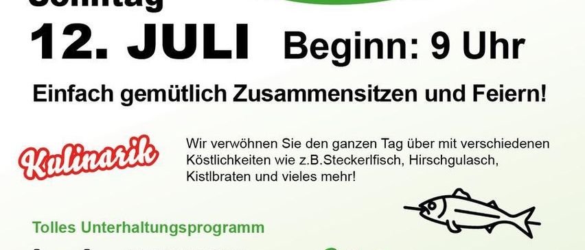 Werbung für die 'Frühschopppen'-Veranstaltung am 12. Juli, Beginn 9 Uhr. Bietet verschiedene Speisen und Unterhaltung wie Ponyreiten und Hüpfburgen. Beinhaltet auch ein Kinderprogramm.