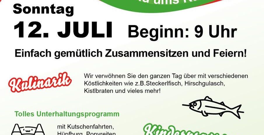 Werbung für die 'Frühschopppen'-Veranstaltung am 12. Juli, Beginn 9 Uhr. Bietet verschiedene Speisen und Unterhaltung wie Ponyreiten und Hüpfburgen. Beinhaltet auch ein Kinderprogramm.