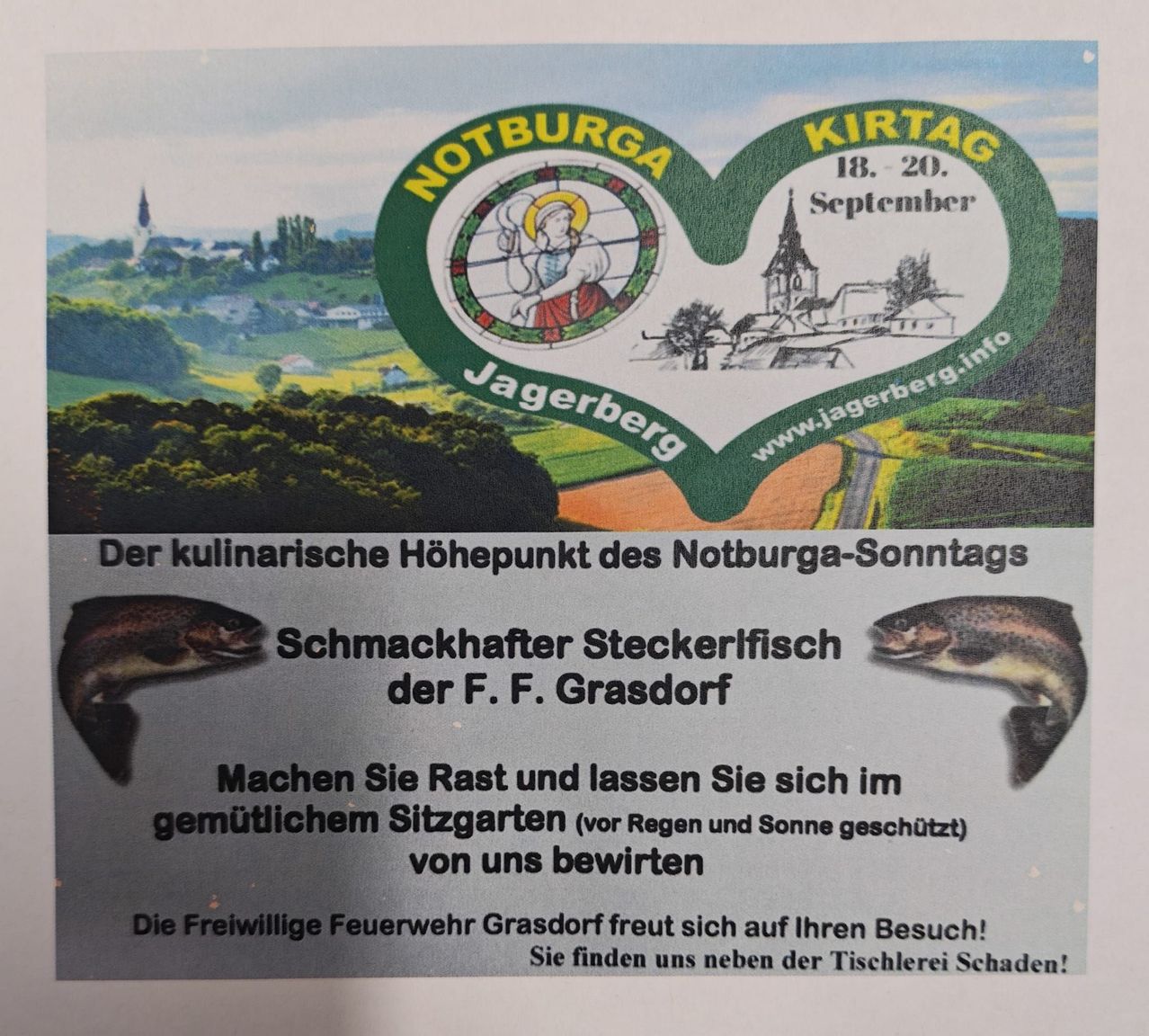 Plakat für den Notburga-Kirchtag in Jagerberg, mit Herzform, Kirche und Landschaft, Fischillustrationen und Einladung zum Besuch der Freiwilligen Feuerwehr.