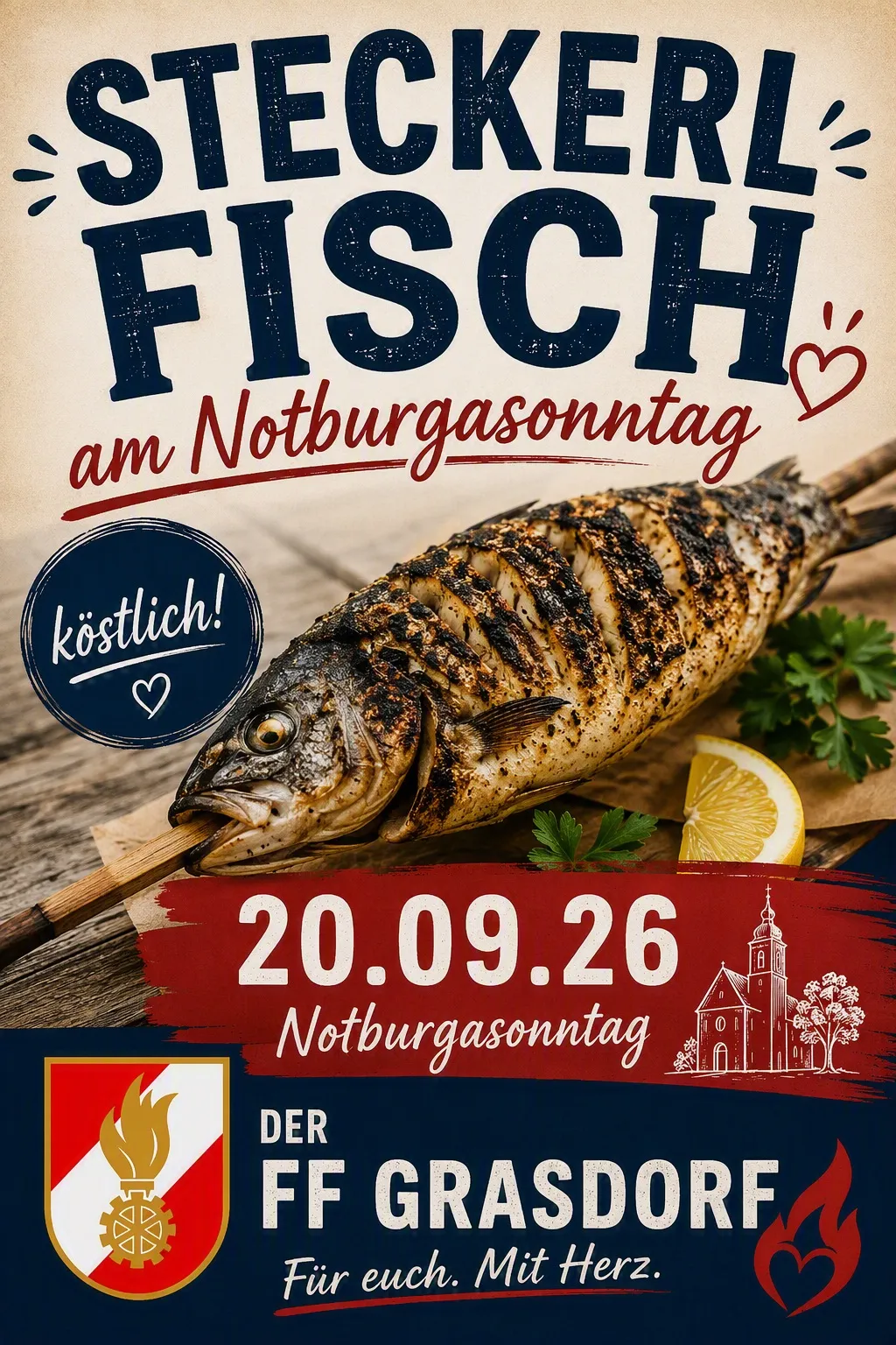 Ein Werbeplakat für ein Fisch-Event am 20.09.26 mit einem gegrillten Fisch auf einer Holzoberfläche, einer Zitronenscheibe und Petersilie. Der Text lautet 'Fisch am Notburgasonntag' und 'kostlich!' in Blau.