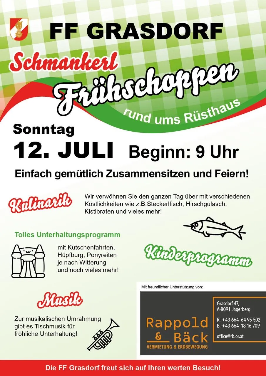 Flyer für einen Sommermarkt am 12. Juli, Beginn um 9 Uhr. Genießen Sie einen Tag mit verschiedenen Köstlichkeiten, Unterhaltung und einem Kinderprogramm mit Hüpfburgen, Ponyreiten und vielem mehr.