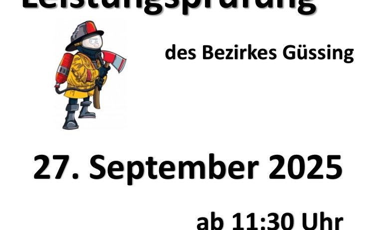 Plakat für eine Atemschutzleistungsprüfung des Bezirks Güßing am 27. September 2025, beginnend um 11:30 Uhr am Güttenbacher Kirchplatz. Es zeigt eine Feuerwehrfigur.