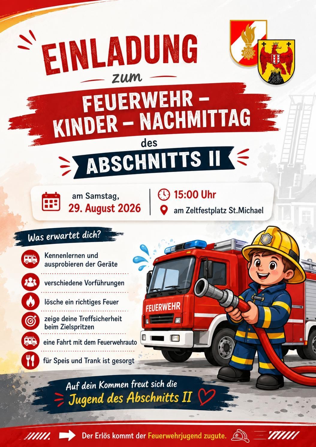 Plakat für einen Kinder-Feuerwehrnachmittag am 29. August 2026 mit einem Feuerwehrmann, der eine Feuerwehrspritze hält, einem Feuerwehrauto und verschiedenen Aktivitäten.