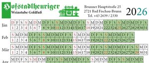 Dokument mit den Kontaktdaten von Stadtheuriger, einer Weinschenke, und einer Tabelle zur Verfügbarkeit der Weinkellerplätze. Die Plätze sind nummeriert und die Tage sind grün markiert.