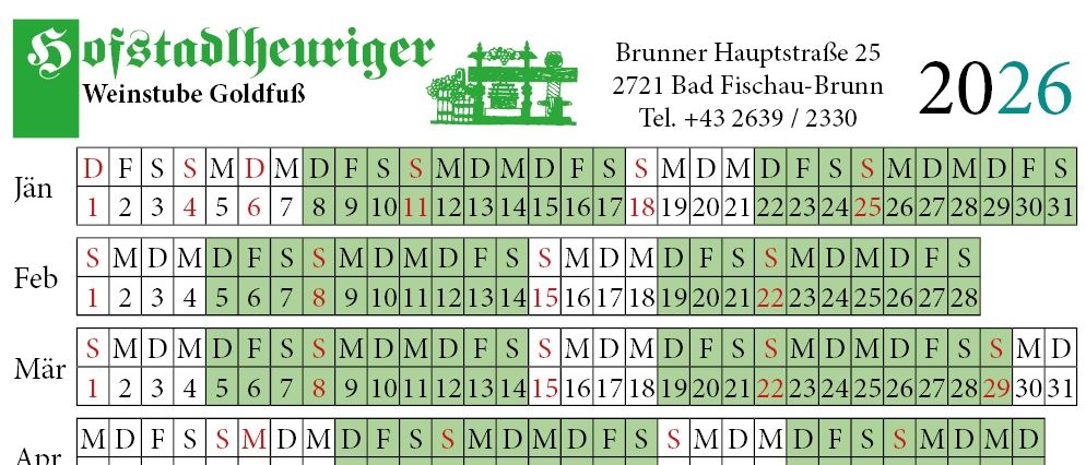 Dokument mit den Kontaktdaten von Stadtheuriger, einer Weinschenke, und einer Tabelle zur Verfügbarkeit der Weinkellerplätze. Die Plätze sind nummeriert und die Tage sind grün markiert.