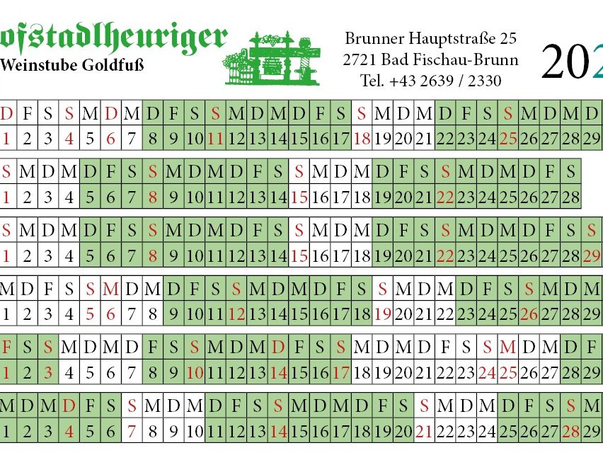 Eine Tabelle mit der Überschrift Stadtheuriger und einer Liste von Zahlen und Buchstaben darunter. Die Telefonnummer ist +43 2639/2330.