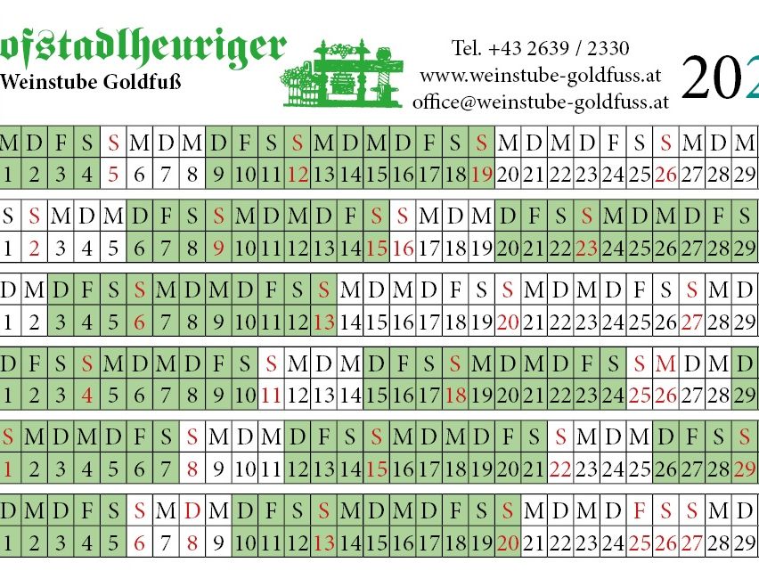Eine Gittertabelle mit Zahlen und Buchstaben, beschriftet mit 'Stadtheuriger' und Kontaktdaten. Zahlen und Buchstaben sind in einem strukturierten Format angeordnet. Beinhaltet Telefonnummern, E-Mail und Website.