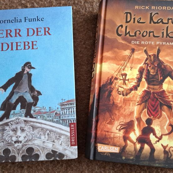 Zwei Bücher auf einem Teppich. Das linke Buch hat einen Mann in einem schwarzen Mantel auf dem Cover. Das rechte Buch hat eine Figur in einem Kostüm mit Hörnern und einer Waffe.