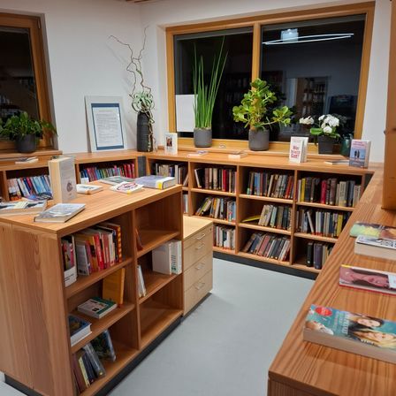 Bild enthält, Furniture, Wood, Bookcase, Indoors, Interior Design, Building, Hardwood, Plant, Library, Person