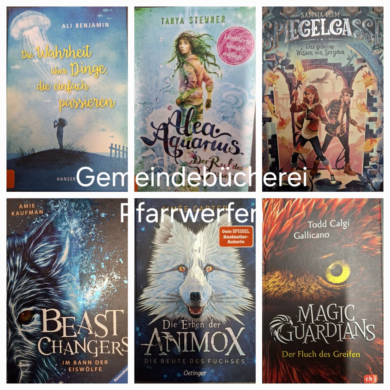 Eine Collage von Buchcovern mit 'Gemeindebucherei' in der Mitte. Links 'Die Wahrheit uber Dinge' von Ali Benjamin. In der Mitte 'Alea Aquarius' von Tanya Stenner. Rechts 'Piegelass' von Sascha Blum. Unten 'Beast Changers' von Amie Kaufman. Unten Mitte 'Die Erben der AniMox' von Ottolinger. Rechts unten 'Magic Guardians' von Todd Calgi Gallicano.