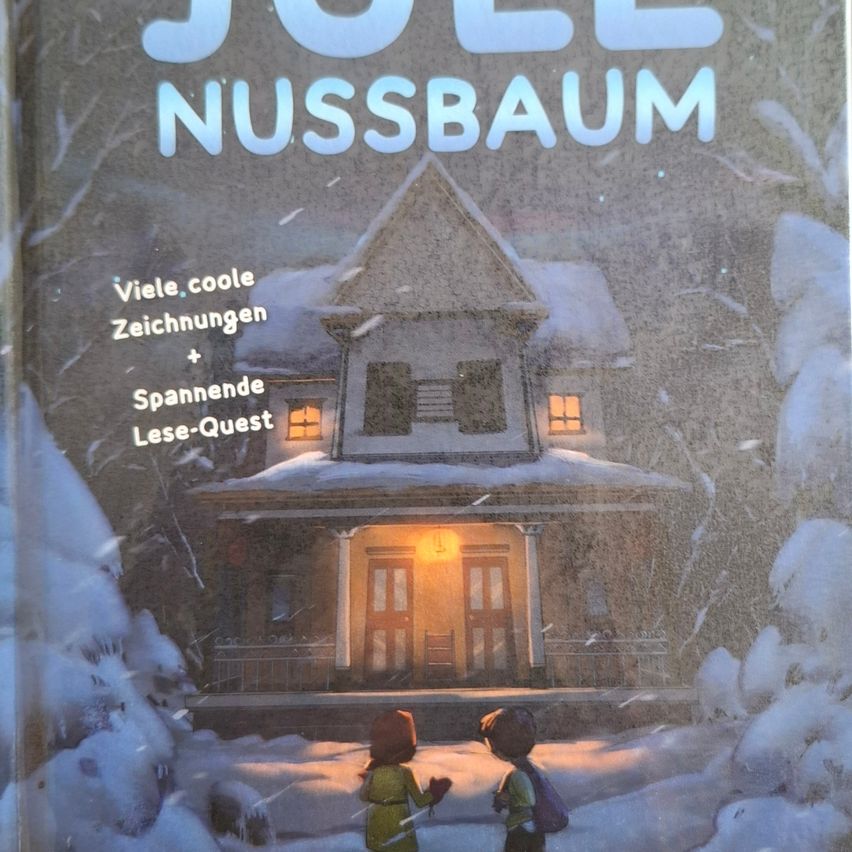 The book cover features a snowy house with two children in front. The title is 'Joll Nussbaum' and there is a reading quest.