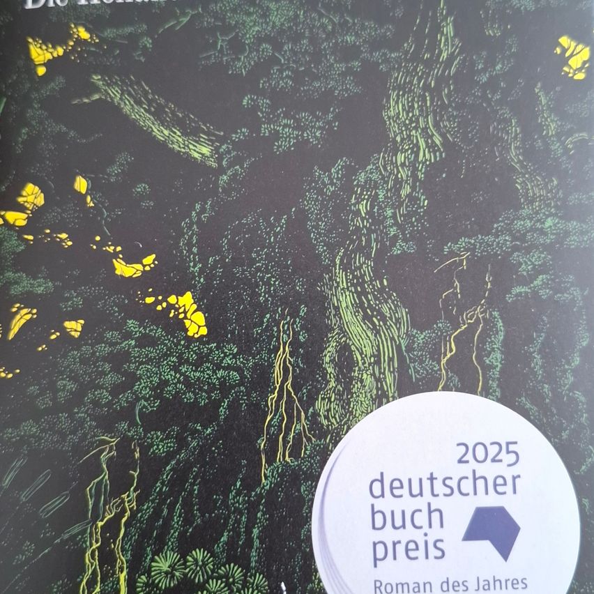 A book cover features a dark, forested scene with glowing yellow lights. A circular label on the right says '2025 deutscher buch preis' and 'Roman des Jahres'.