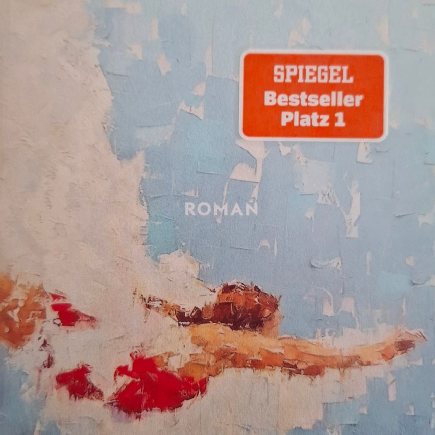 An abstract painting with blue and white tones features a figure in red. A red label reads 'SPIEGEL Bestseller Platz 1' and 'ROMAN'.