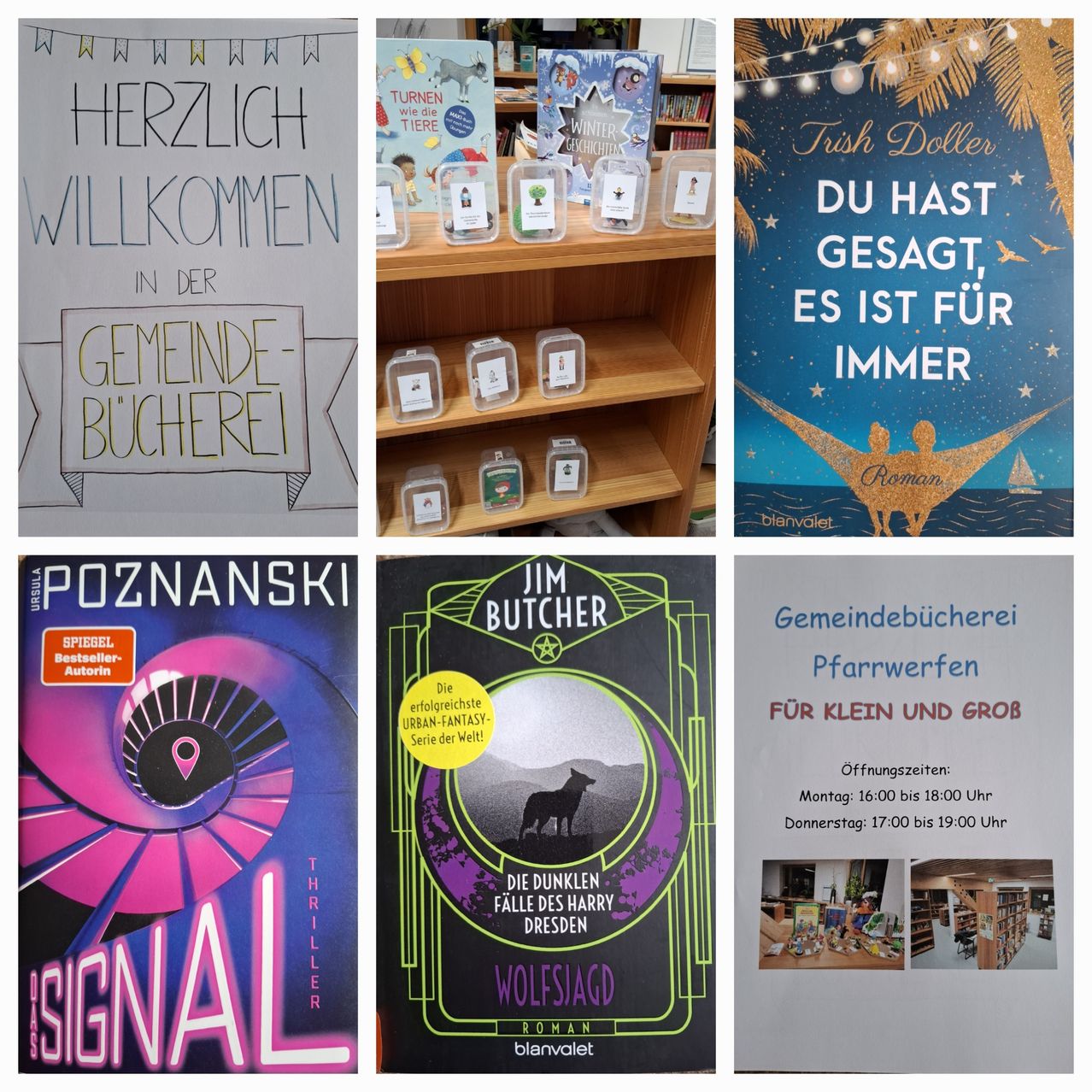 A collage of six book covers and posters. Top left is a handwritten welcome sign. Top right is a poster with a quote. Bottom left is a book titled Signal. Bottom right is a flyer for community library events.