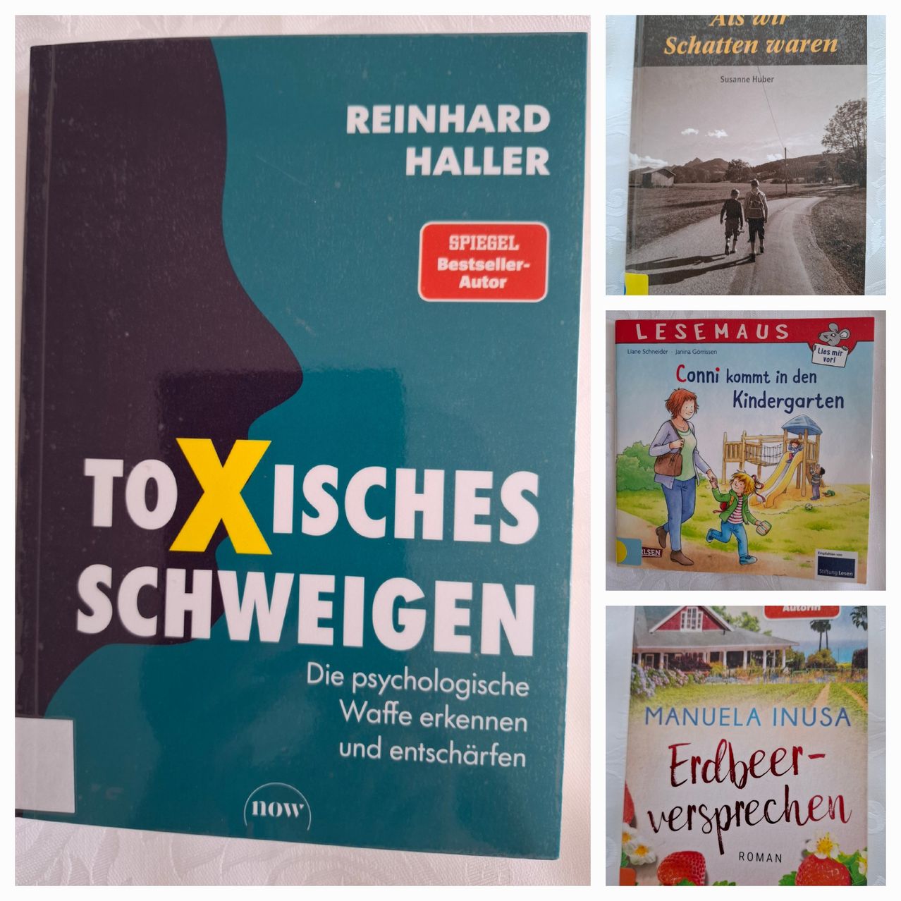 Buchcover "Toxisches Schweigen" von Reinhard Haller, "Als wir Schatten waren" von Susanne Huber und "Conni kommt in den Kindergarten"