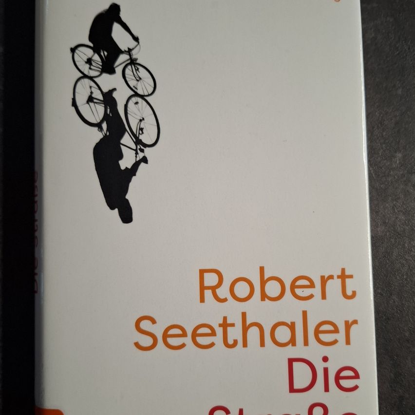 Buchcover mit einer Silhouette einer Person, die ein Fahrrad fährt. Der Titel ist 'Robert Seethaler Die'. Der Hintergrund ist weiß.