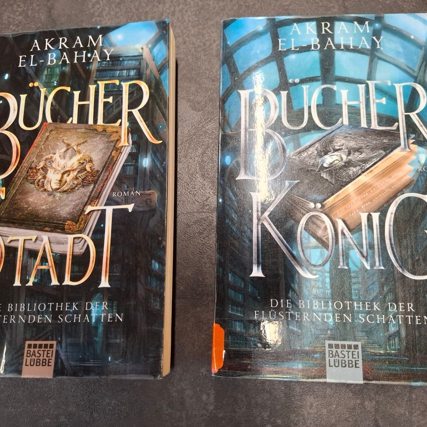 Zwei Fantasy-Buchcover mit dunklem Thema. Das linke Buch hat ein goldenes Buch auf dem Cover mit einem Gesicht und dem Titel 'Bucher Stadt'. Das rechte Buch hat ein schwarzes Buch mit einem Wesen darauf und dem Titel 'Bucher Konig'. Beide Bücher sind Teil der 'Bibliothek der Flüsternden Schatten'-Reihe.