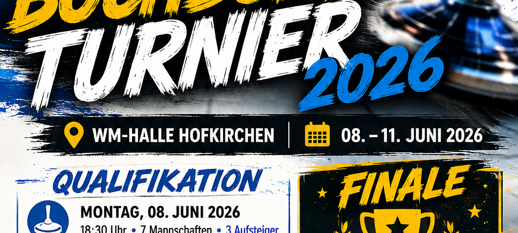Plakat für die Bochbummel Turner 2026-Veranstaltung. Es enthält Daten und Zeiten für die WM-Halle Hoffkirchen. Die Veranstaltung umfasst Qualifikations- und Finalrunden.