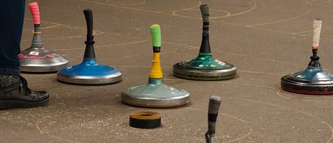 Ein Indoor-Bereich mit mehreren Ring-Curlern in verschiedenen Farben und einer Person in der Ecke, die schwarze Schuhe und Jeans trägt.