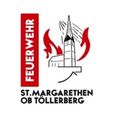 Das Logo der Freiwilligen Feuerwehr St. Margarethen in Ober Tollerberg zeigt eine Kirche in Flammen mit roten Flammen. Der Text ist in schwarzer Schrift.