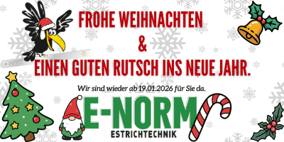 Ein festliches Bild, das allen ein frohes Weihnachtsfest und einen guten Start ins neue Jahr wünscht. Es zeigt einen Weihnachtsbaum, eine Weihnachtsmann-Figur, eine Zuckerstange, einen Raben und eine Glocke. Die Firma E-Norm Elektriktechnik ist ab dem 19.01.2026 wieder für Sie da.