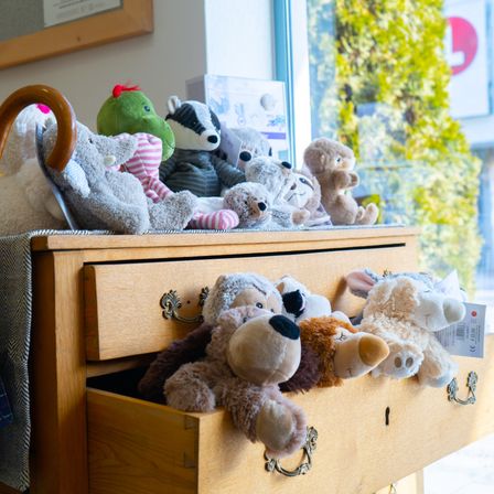 Ein hölzerner Schubladenschrank mit verschiedenen Kuscheltieren, darunter ein grüner Krokodil, ein Dachs und Elefanten, steht vor einem Fenster.