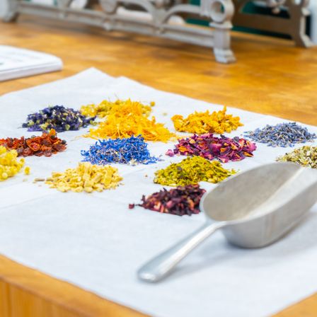 Auf einem Holztisch sind verschiedene getrocknete Kräuter auf einem weißen Tuch zu sehen, darunter Lavendel, Ringelblume und Hibiskus. Ein silberner Löffel liegt in der Nähe.