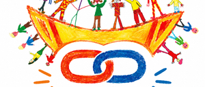 Eine bunte Illustration zeigt Kinder auf einem Boot mit dem Text VS Tieschen, der Verbindung, Zusammengehörigkeit und Stärke betont.