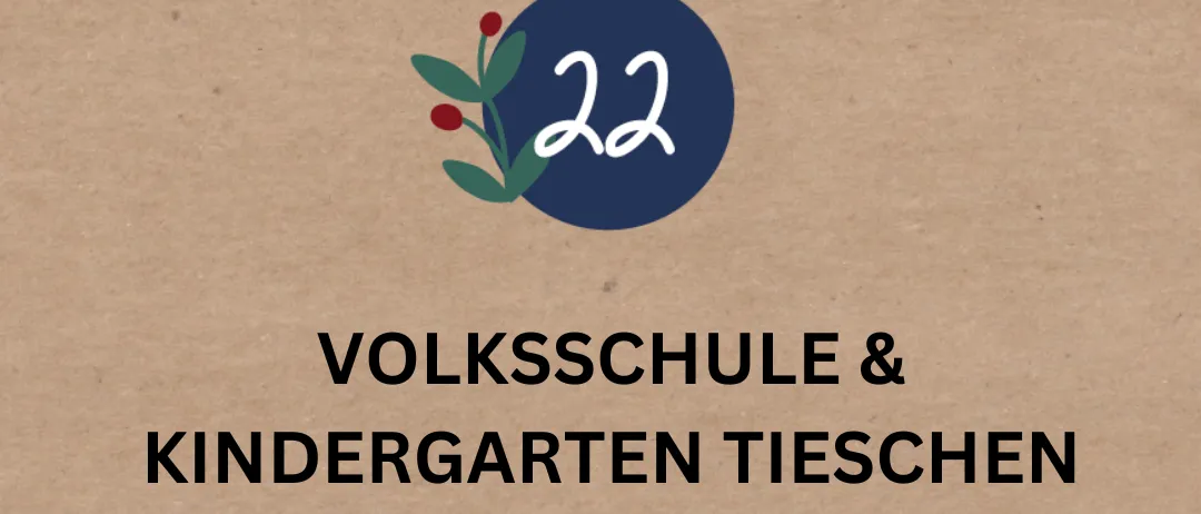 Plakat für Tiessner Adventfenster-Event. Zeigt den Termin 22, ein kreisförmiges Design mit Blättern und einem braunen Hintergrund. Beinhaltet Text über eine vorweihnachtliche Sing-, Gedicht- und Theaterstunde für Jung und Alt.