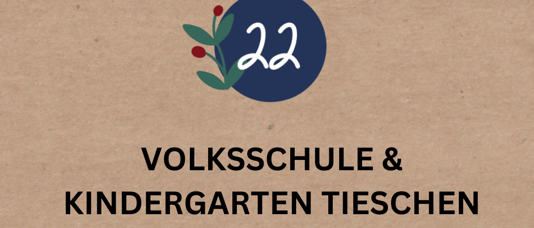 Plakat für Tiessner Adventfenster-Event. Zeigt den Termin 22, ein kreisförmiges Design mit Blättern und einem braunen Hintergrund. Beinhaltet Text über eine vorweihnachtliche Sing-, Gedicht- und Theaterstunde für Jung und Alt.