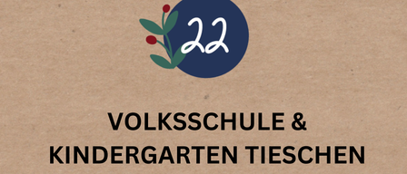 Plakat für Tiessner Adventfenster-Event. Zeigt den Termin 22, ein kreisförmiges Design mit Blättern und einem braunen Hintergrund. Beinhaltet Text über eine vorweihnachtliche Sing-, Gedicht- und Theaterstunde für Jung und Alt.