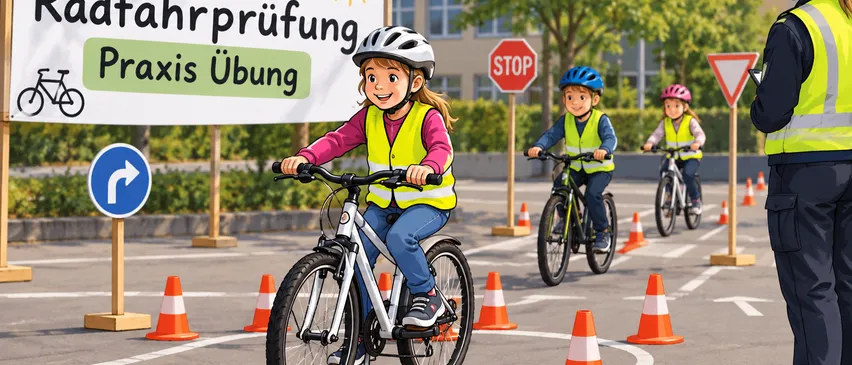 Eine Illustration von Kindern, die in einem Parkplatz mit einem Verkehrslehrer Fahrrad fahren.