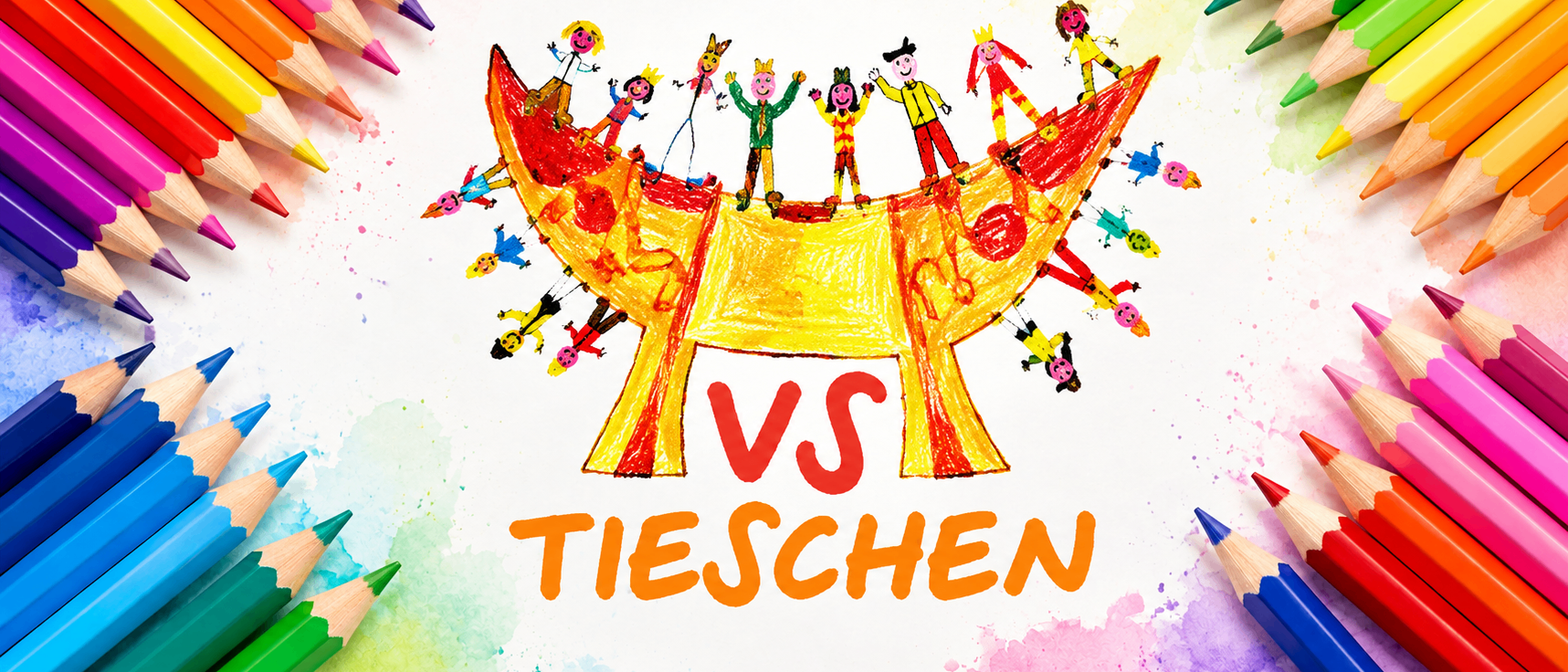 Eine Zeichnung von Menschen auf einem bunten Boot mit den Worten 'VS Tieschen'.