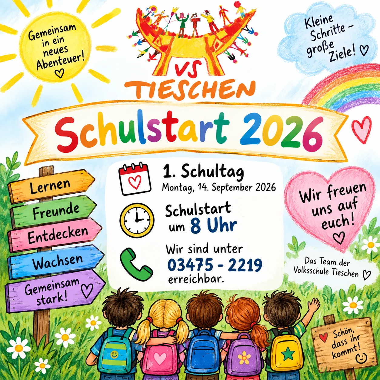 Plakat für den Schulstart 2026 mit Kindern, einem Regenbogen und einer Sonne. Der Text lautet 'Schulstart 2026' mit Angaben zum ersten Schultag und Kontaktinformationen.