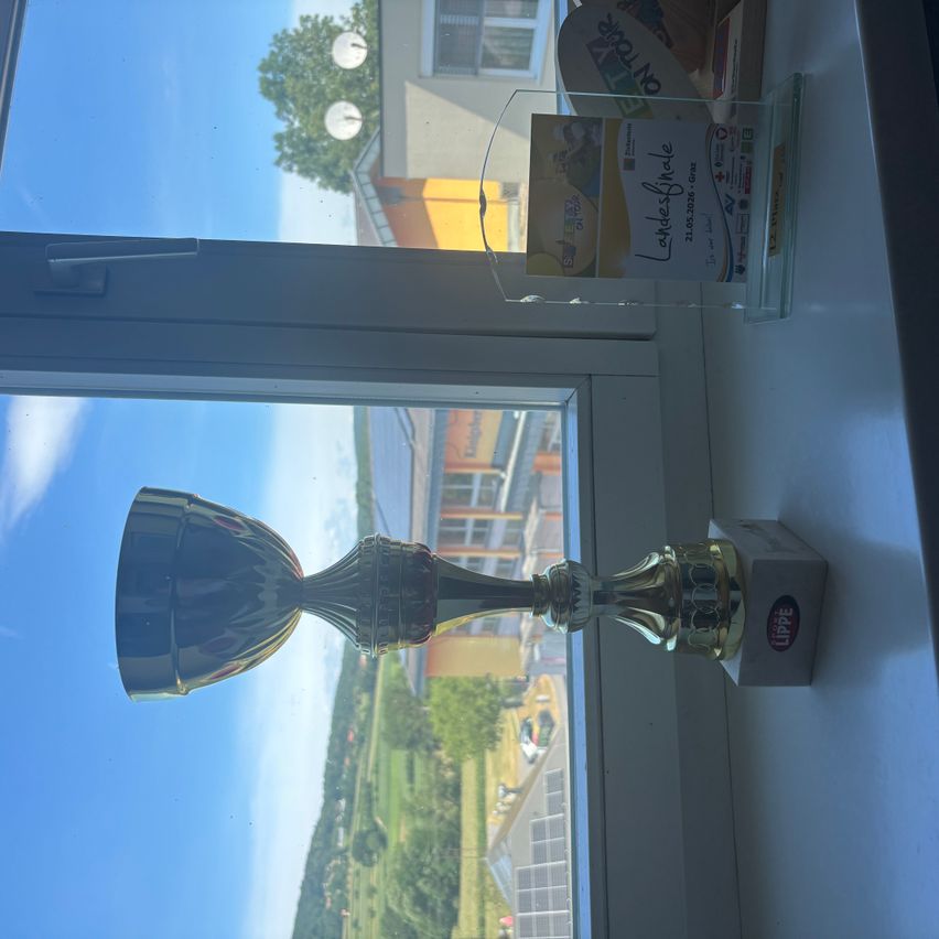 Ein Pokal steht auf der Fensterbank mit freier Sicht aufs Freie. Der Pokal hat einen goldenen Finish und das Wort Lippe darauf. Hinter dem Pokal ist ein durchsichtiger Stand mit einem Zertifikat.