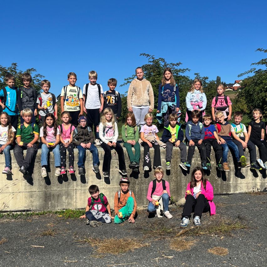 Eine Gruppe von Kindern, einige mit Rucksäcken, sitzen auf einer Betonbarriere und posieren für ein Foto. Die Kinder tragen verschiedene farbige Hemden und Turnschuhe. Der Hintergrund zeigt Bäume und einen klaren blauen Himmel.