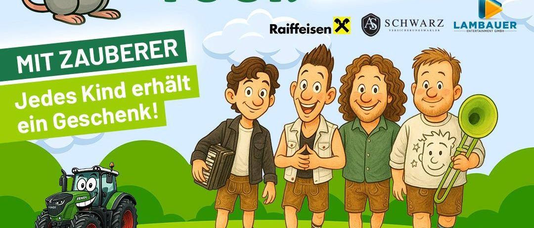 Werbeposter für die Kleine Maus Tour, ein Kinderkonzert mit Die Draufganger. Enthält eine Cartoon-Maus, vier Charaktere und einen Traktor. Veranstaltungsdetails: Datum, Ort, Einlasszeit, Beginn und Eintrittspreis.
