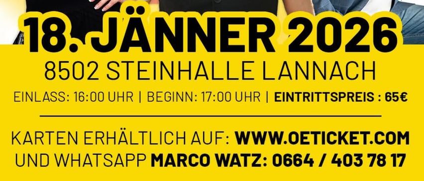 Poster mit gelbem Hintergrund mit vier Personen. Ross Antony zeigt mit einer gelben Kapuzenjacke. Petra Frey in schwarzem Kleid. Marco Ventre mit weißem Hemd und Weste. Helmut Hussler im blauen Anzug. Alle lächeln.