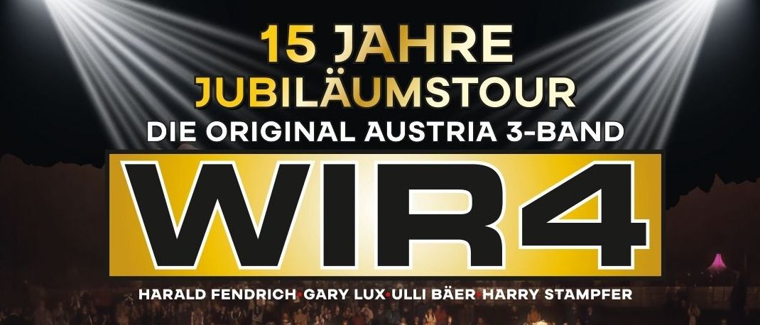 Werbeposter für WIR4, eine Band, die 15 Jahre feiert, mit vier Bandmitgliedern vor einer Menschenmenge mit Lichtern und Musikinstrumenten. Das Event ist für den 24. Januar 2026 geplant.