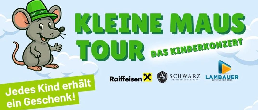 Plakat für Die Draufganger-Veranstaltung mit vier jungen Männern und einem Slogan auf Deutsch. Jedes Kind erhält ein Geschenk. Die Veranstaltung ist am 8. Dezember 2026.