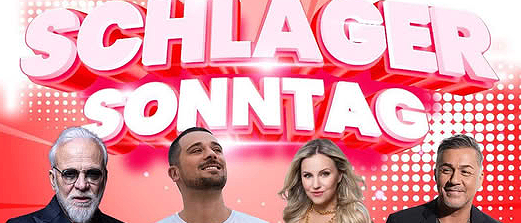 Plakat für Schlager Sonntag mit Nino de Angelo, Pietro Basile, Natalie Holzner und Mike Leon Grosch. Das Event findet am 11. Oktober 2026 in der 8502 Steinhalle Lannach statt. Türöffnung um 15:30 Uhr, Beginn um 17:00 Uhr, Eintrittspreis ab 65 Euro.
