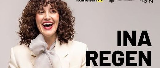 Ein Veranstaltungsplakat für 'Ina Regen Duo' am 29. Mai 2026. Eine Frau mit lockigem Haar und weißem Anzug lächelt. Einlass um 19:00 Uhr, Beginn um 20:00 Uhr. Eintrittspreis ab 39 Euro.
