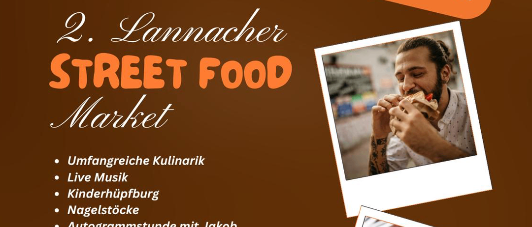 Werbeposter für den 2. Lannach Street Food Market. Zeigt einen Hamburger und einen Mann beim Essen. Details zum Event wie kostenloser Eintritt, Live-Musik, Kinderspielplatz und Autogrammstunde mit Jakob Jantscher am Samstag sind enthalten.