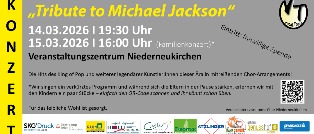 Konzertveranstaltung in Niederneukirchen. Michael Jackson-Tribut am 6. Juni um 19:30 und 16:00. Familienkonzert. QR-Code zum Ticketkauf.