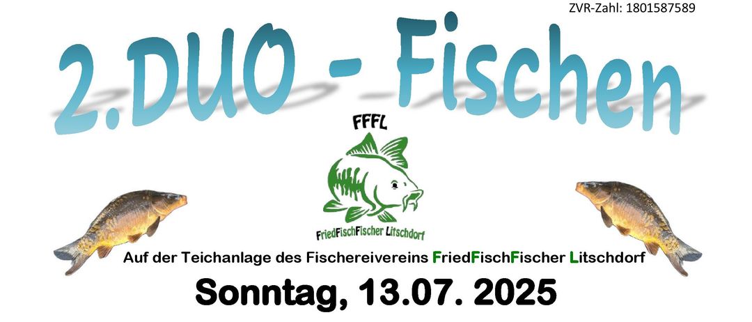 Ein Angelwettbewerb bei FriedFischFrieder Litschord am Sonntag, 13.07.2025. Beginn um 13:30 Uhr, Startgeld 40€ pro Duo. Fische müssen in einem Korb mit einem Mindestdurchmesser von 60cm und einer Netztiefe von 50cm gewogen werden. Das Angeln endet um 18:30 Uhr.