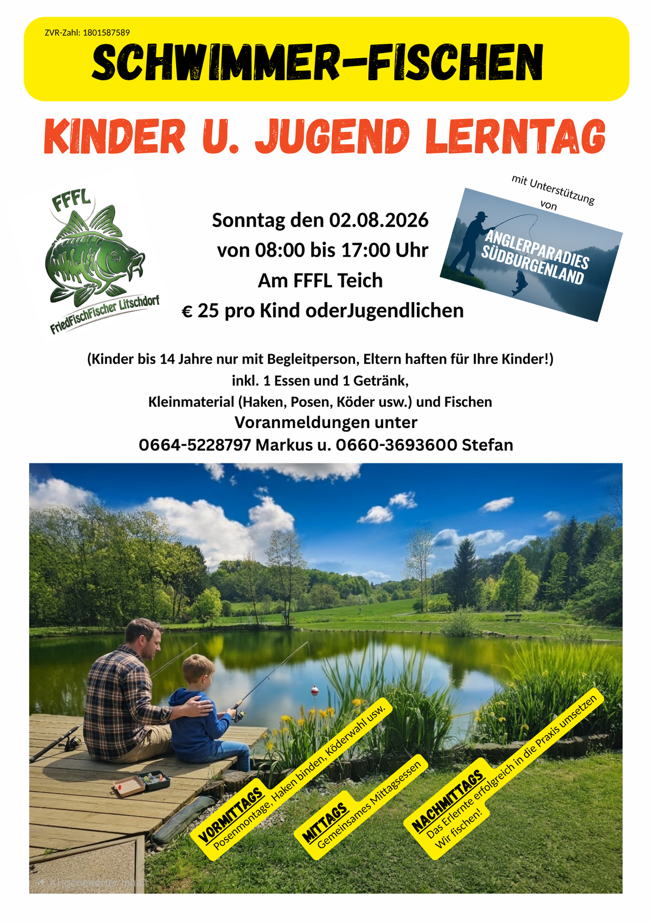 Ein Bild eines Flyers für eine Angelveranstaltung für Kinder und Jugendliche. Es zeigt einen Mann und ein Kind, die an einem See angeln, mit Text auf Deutsch. Die Veranstaltung findet am 2. August 2026 von 8:00 Uhr bis 17:00 Uhr statt.