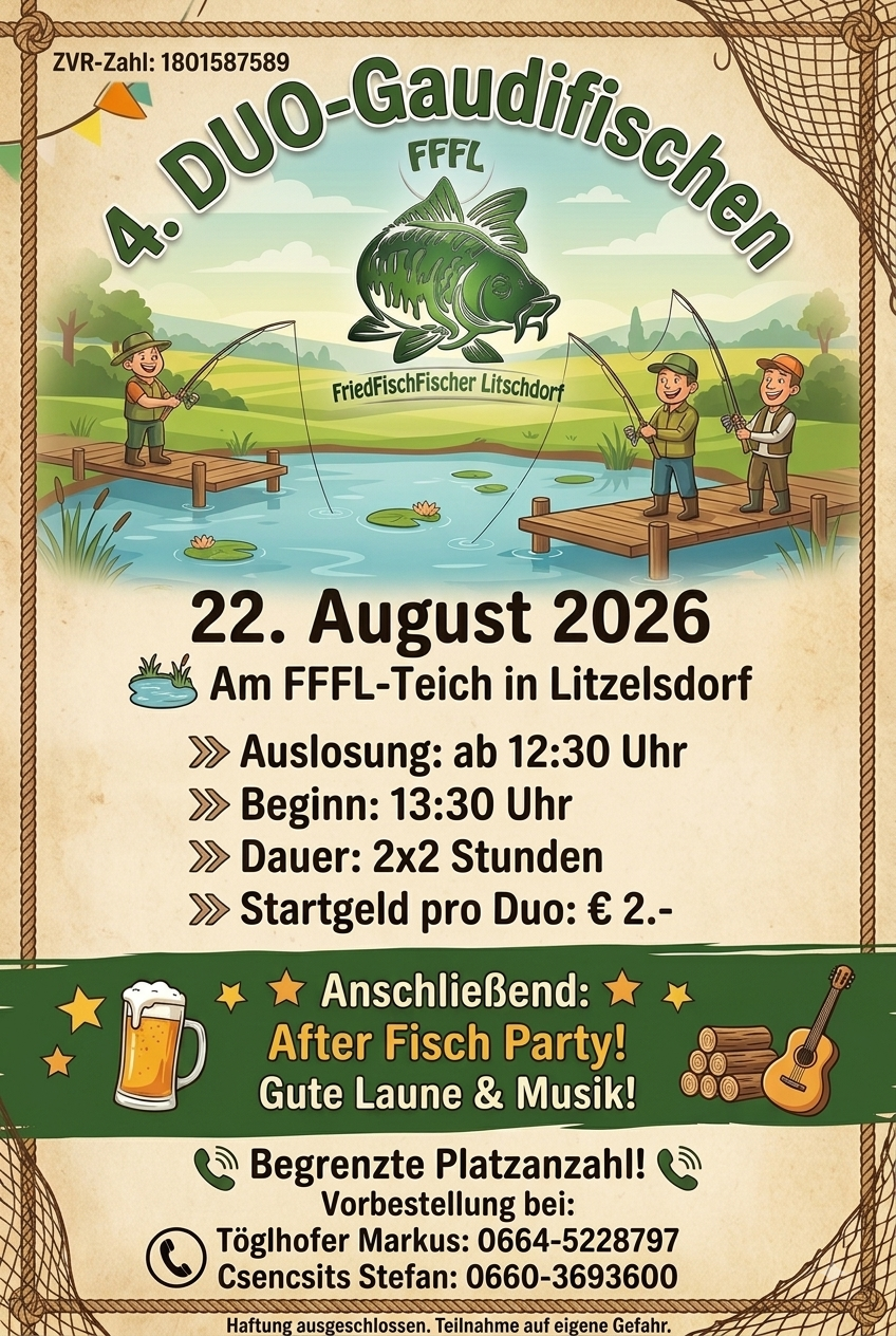 Poster for a fishing event on August 22, 2026, featuring three men fishing on a dock over a pond. The event starts at 1:30 PM, lasts 4 hours, and costs €2 per duo. An after-party with beer and music is also advertised.