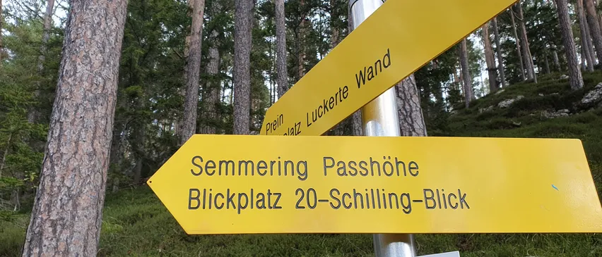 Ein gelbes Wegweiserschild mit den Worten 'Semmering Passhöhe Blickplatz 20-Schilling-Blick' ist an einem Metallpfosten im Wald angebracht.