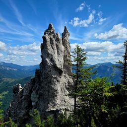 Ein felsiger Berggipfel mit einem Baum an der Seite, unter einem blauen Himmel mit Wolken.